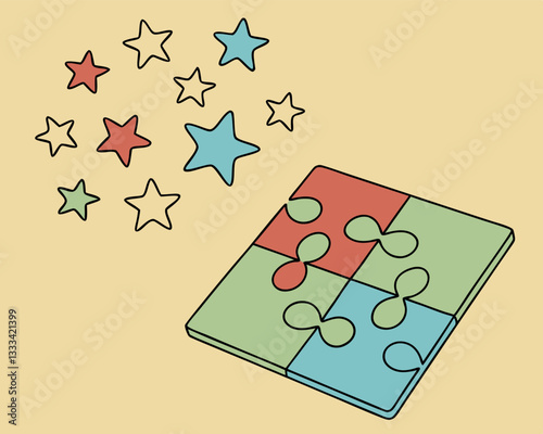 Simple Puzzle with Missing Piece and Stars: Cartoon Vector Illustration