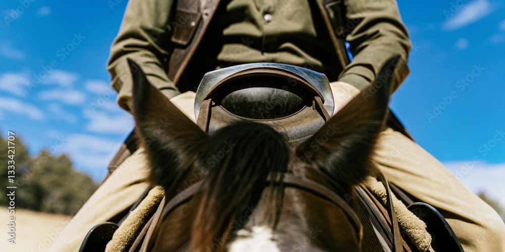 Rider on horseback enjoying a leisurely day under a clear blue sky in a rural landscape