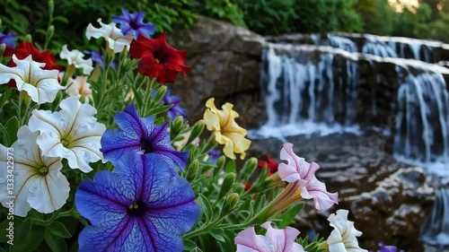 Beautiful flowers in full bloom, illuminated by warm sunlight. The vibrant colors and soft lighting create a calming and cheerful atmosphere.