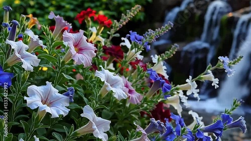 Vibrant flowers in shades of blue, red, yellow, and white in front of a peaceful waterfall. The natural colors and flowing water create a relaxing and scenic atmosphere.