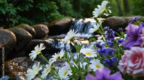 Close-up view of blooming multicolored flowers with a cascading waterfall in the background. The rich textures and vivid colors create a serene natural setting.