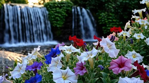 Vibrant flowers in shades of blue, red, yellow, and white in front of a peaceful waterfall. The natural colors and flowing water create a relaxing and scenic atmosphere.