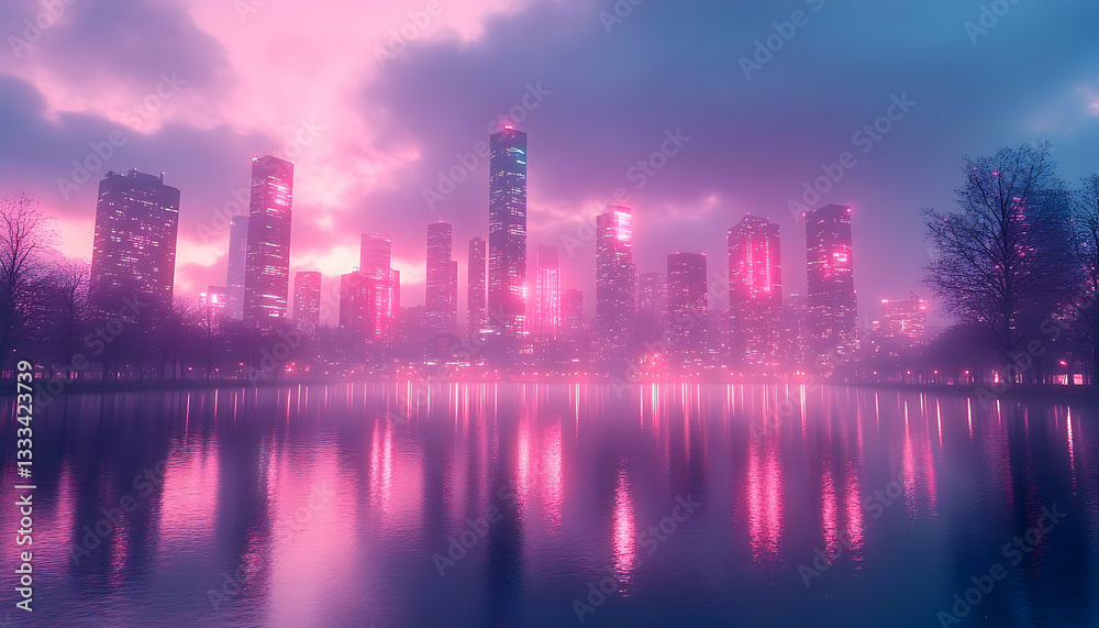 Fototapeta premium Vibrant city skyline at dusk with pink and blue hues reflecting on the calm water, creating a serene atmosphere