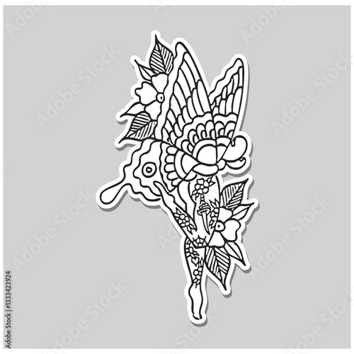 Butterfly with flowers old school outline vector design