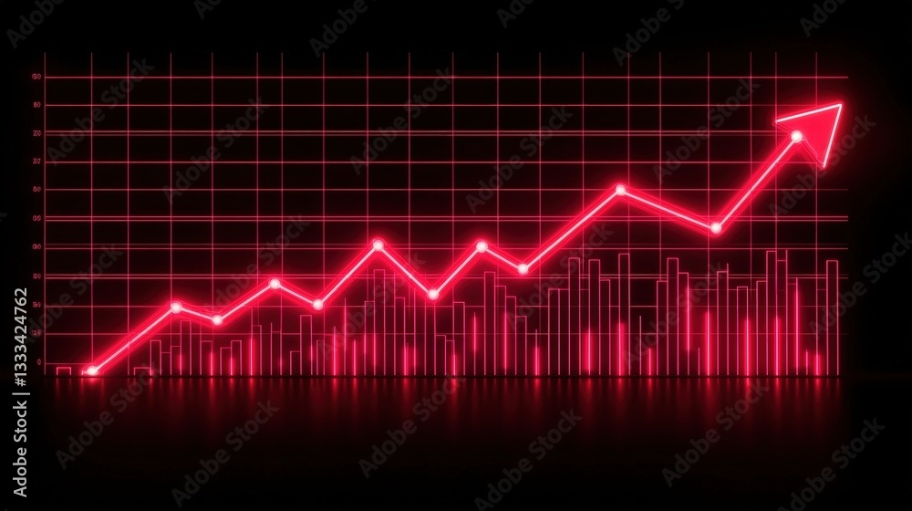 Red Neon Graph With Rising Trend and Candlestick Indicators on Dark Background Red Neon Graph With Rising Trend and Candlestick Indicators on Dark Background