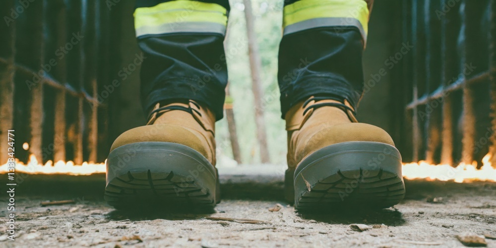 Heavy duty boots on rugged terrain near flames in a forested area during daytime