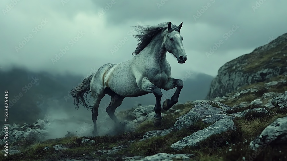 Obraz premium Fantasy horse with wings flying against a white background die cut design expressing freedom and motion