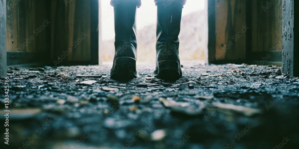 Person stands at the entrance of a rustic cabin surrounded by debris in a remote location