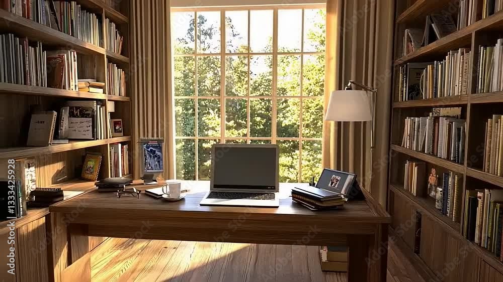 A cozy, well-lit home office with bookshelves, desk, laptop, and a view. A cozy, well-lit home office with bookshelves, desk, laptop, and a view.