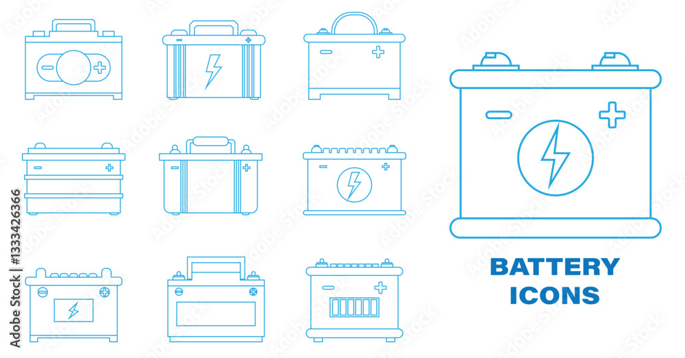 Set illustration of outlined battery icons in a blue color scheme, representing different types of batteries. These icons are ideal for energy, power storage, and electrical applications in digital Set illustration of outlined battery icons in a blue color scheme, representing different types of batteries. These icons are ideal for energy, power storage, and electrical applications in digital