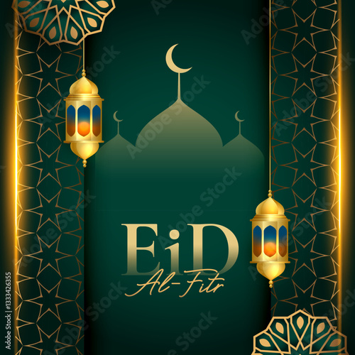 eid al fitr festive green background with hanging lamp