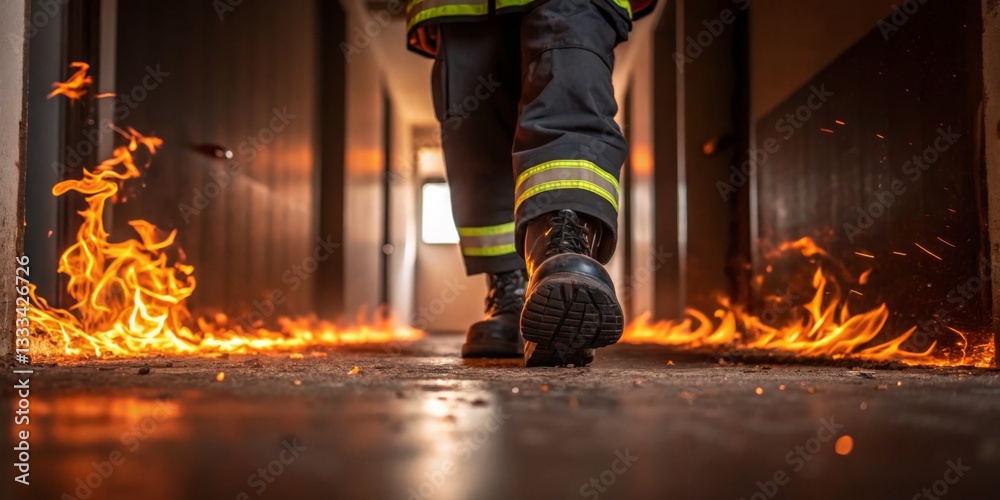 Firefighter walks through smoke-filled hallway with flames on the ground during an emergency response drill