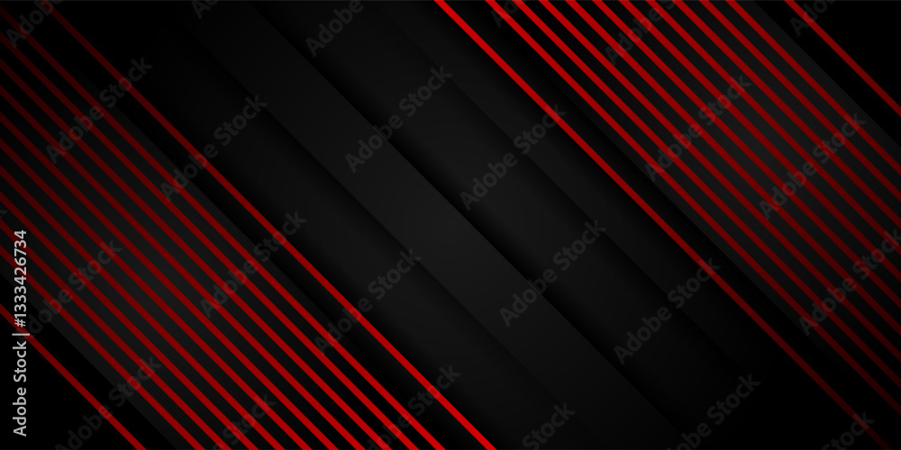 Fototapeta premium Abstract dark gray background with bright red stripes in empty space. Dark colored wide abstract banner. Vector background