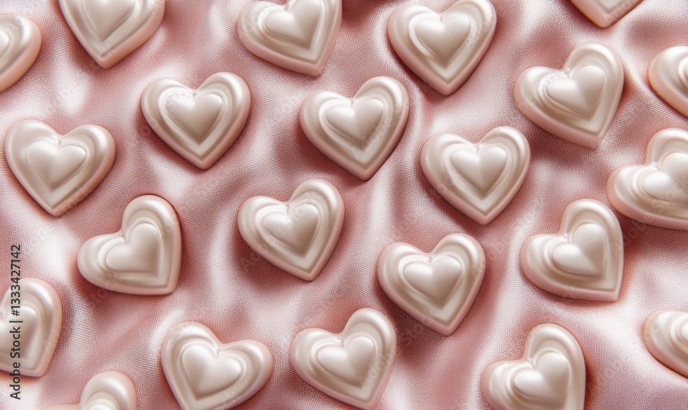 Obraz premium White hearts on pink silk, romance background, Valentine's Day use