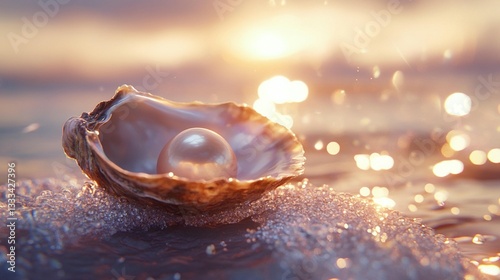 Single pearl inside an oyster shell on a beach at sunset.