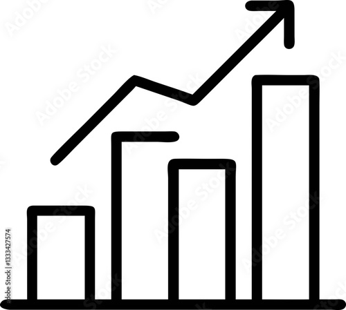 black and white line graph icon shows upward trend with four bars of increasing height, representing growth or progress. arrow above bars indicates positive trajectory