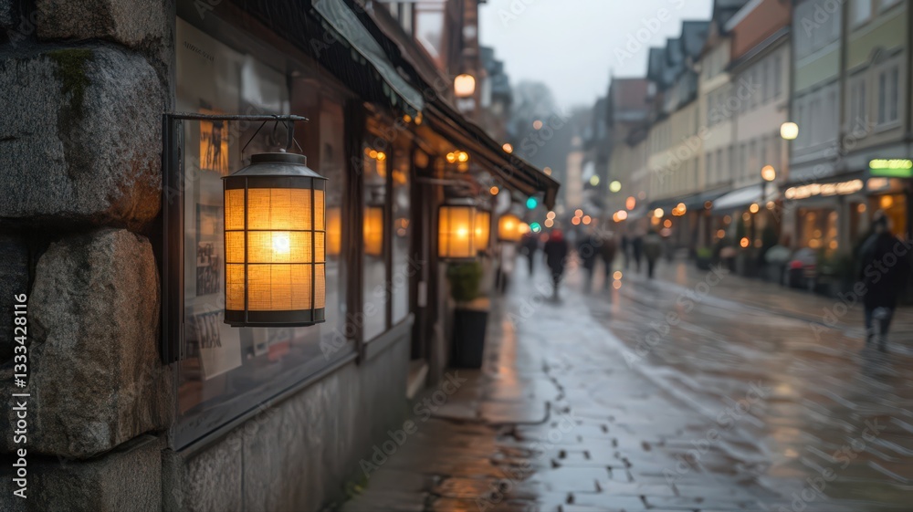 Fototapeta premium Rainy City Street At Night With Warmly Lit Lanterns
