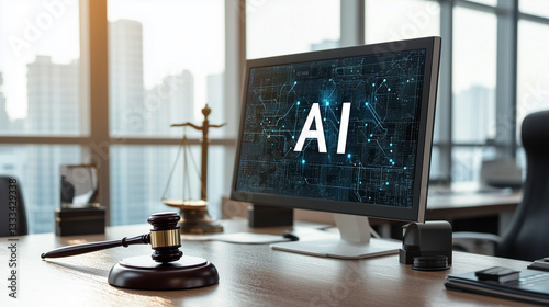 Artificial Intelligence and Legal System: Judge’s Gavel Beside a Computer Monitor with AI Text in a Professional Office.
