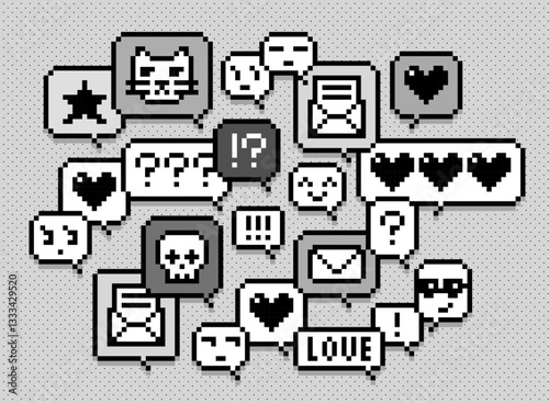 レトロ可愛いピクセル絵文字が散りばめられたドット絵アート