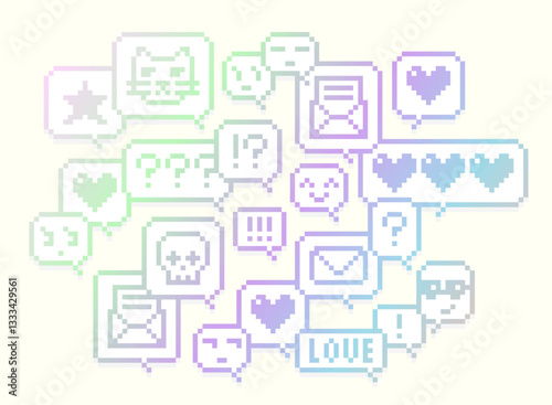 レトロ可愛いピクセル絵文字が散りばめられたドット絵アート