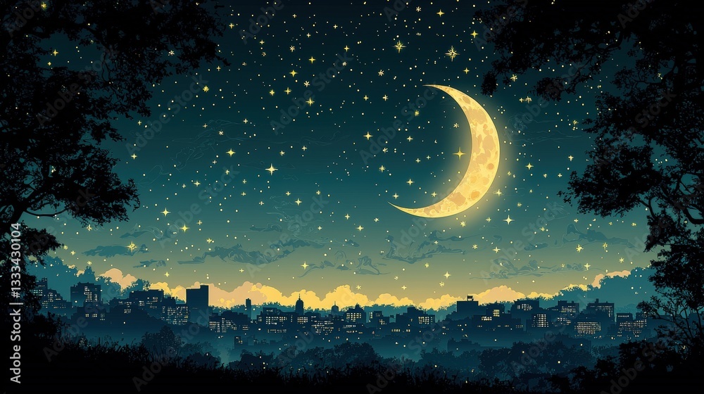 Fototapeta premium Enchanting Night Sky Over Cityscape with Moon and Stars in Serene Atmosphere