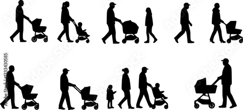 parents walking with their children silhouettes - vector
