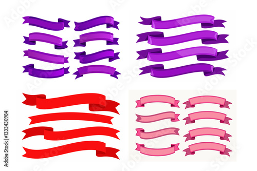 A set of pink, red and purple ribbon banners in a vector illustration with unique shapes and three-dimensional effects. set of colorful ribbons