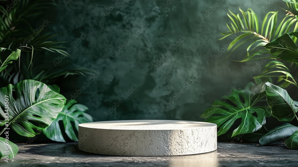 A minimalist display featuring a circular stone pedestal surrounded by lush green foliage against a textured dark backdrop. A minimalist display featuring a circular stone pedestal surrounded by lush green foliage against a textured dark backdrop.
