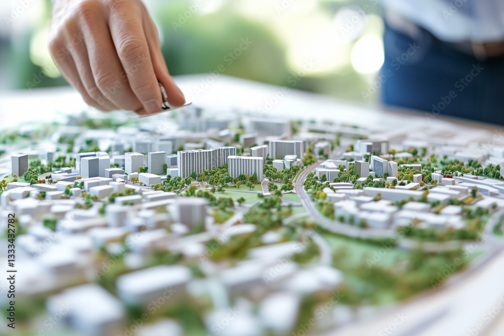 Naklejka premium An architect examining a detailed mini urban landscape model, highlighting green spaces and public areas, with copy space. Bright overhead lighting. Sustainable design studio background.