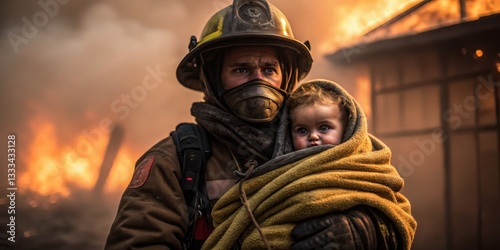Obraz na płótnie Firefighter rescues child from flames during wildfire in rural area w salonie