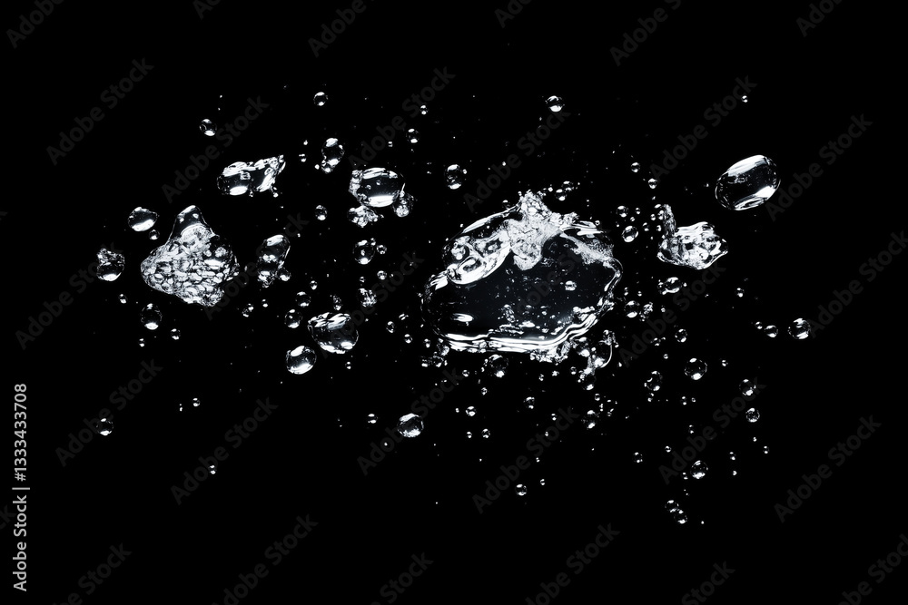 Obraz premium Water droplets suspended in mid-air after a splash, frozen in time, with copy space. High-speed photography lighting. Abstract liquid background. 