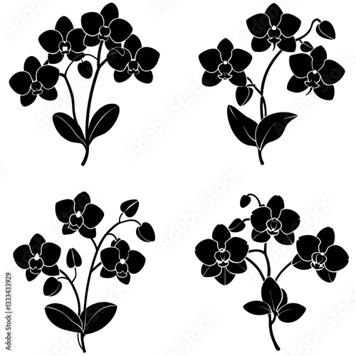 Set of Elegant Black Silhouettes of Orchid Flowers with Leaves for Botanical Patterns and Designs