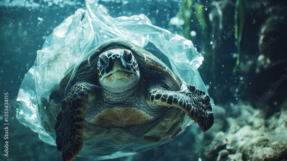 Fototapeta premium Turtle entangled plastic bag ocean reef pollution awareness