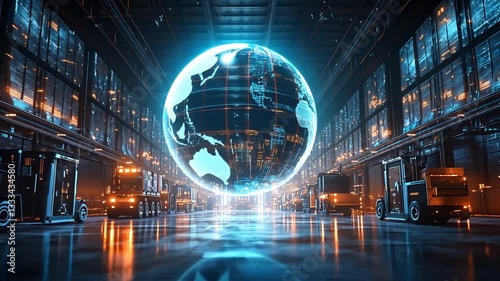 Futuristic warehouse with globe, digital displays, and forklifts. Global technology