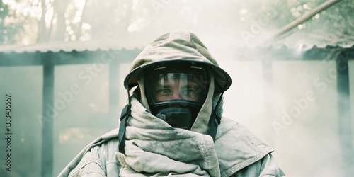 Wearing protective gear in a smoky environment during a training exercise for hazardous situations