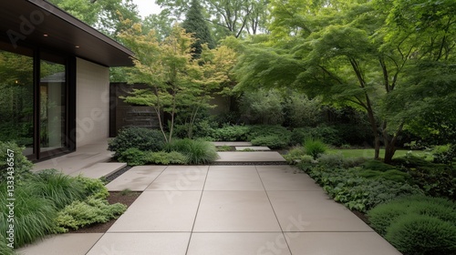 A large, open yard with a brick patio and a tree in the middle. The yard is well-maintained and has a peaceful, serene atmosphere