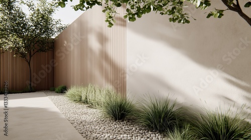 Fototapeta Naklejka Na Ścianę i Meble -  A white wall with a wooden fence and a tree behind it. The fence is made of wood and has a brown color. The scene is peaceful and serene, with the fence