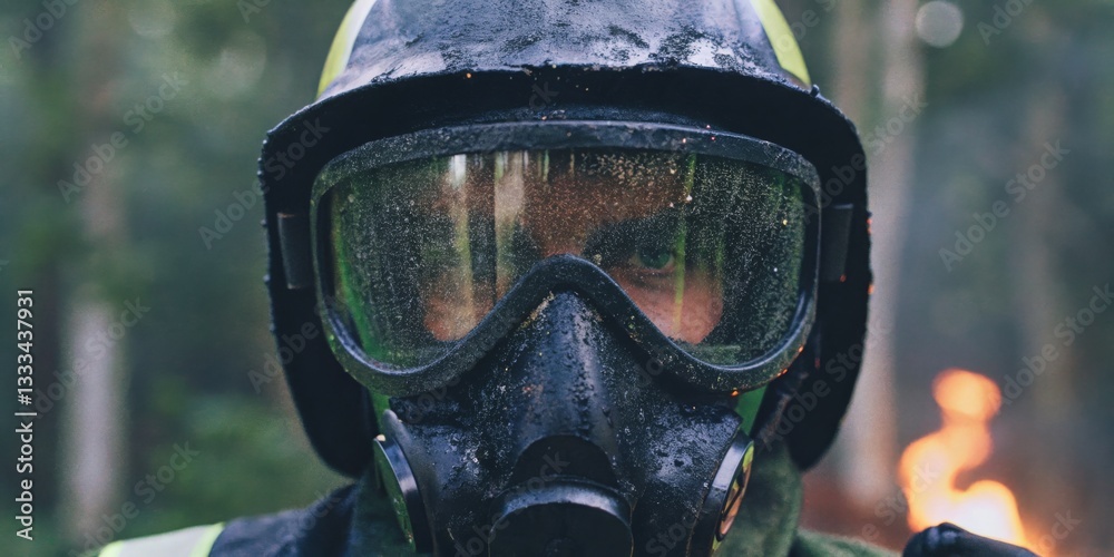 Firefighter wearing protective gear during a forest firefighting operation in a dense woodland environment