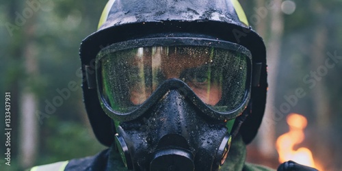 Obraz na płótnie Firefighter wearing protective gear during a forest firefighting operation in a dense woodland environment w salonie