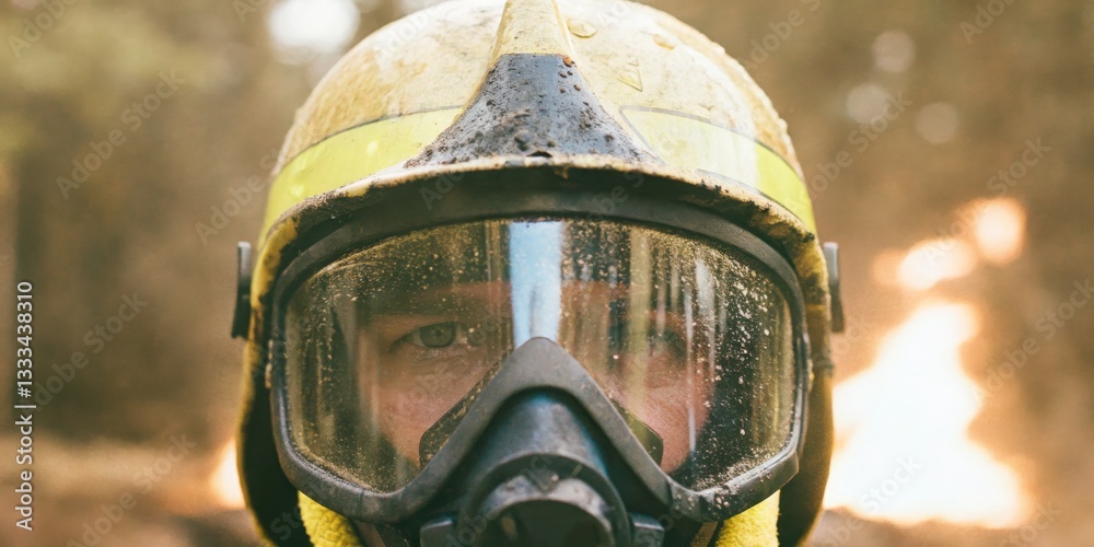 Firefighter in protective gear faces intense heat while combating a forest fire