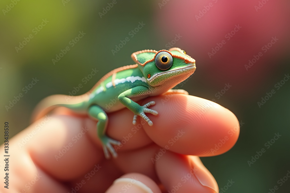 Obraz premium close up of a tiny little lizzard on a finger on warm background