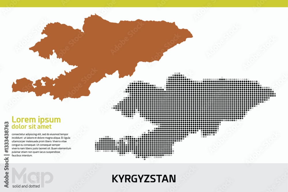 Fototapeta premium A map of Kyrgyzstan in dual designs, featuring brown solid details and black abstract dotted patterns, isolated on a white background