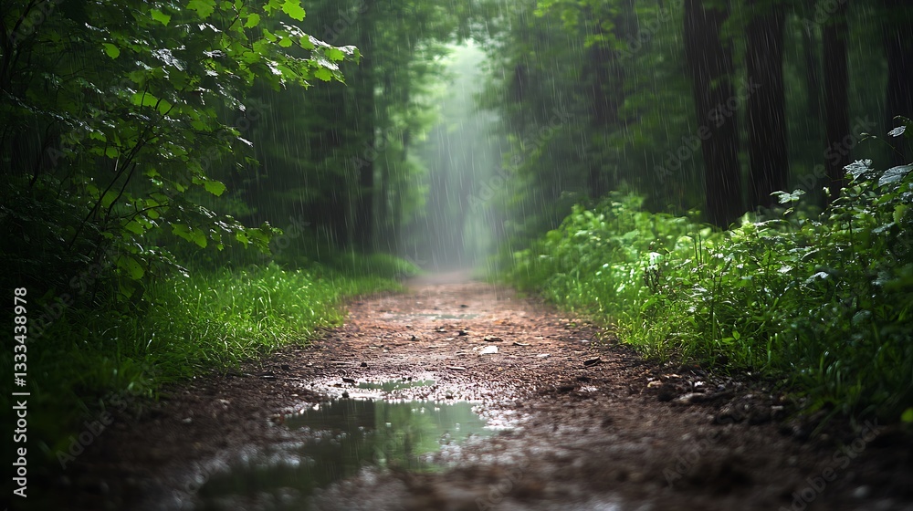 Obraz premium Rainy spring day in a lush forest path nature photography tranquil environment seasonal background