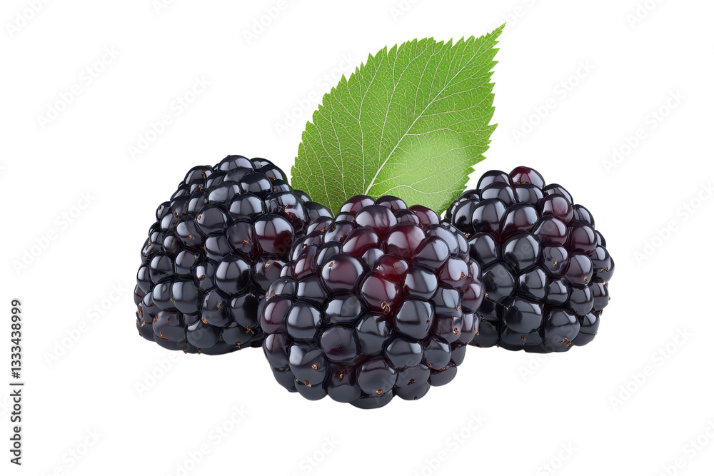 Three ripe blackberries with a fresh green leaf creating a visually appealing and healthy fruit composition Three ripe blackberries with a fresh green leaf creating a visually appealing and healthy fruit composition