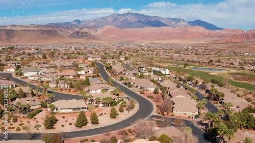 Aerial drone shot of Saint George St George Utah residential suburban homes 38