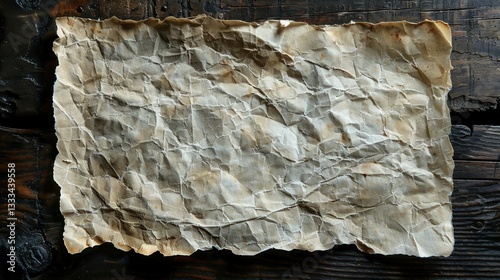 Aged, wrinkled paper sheet on dark wooden table.
