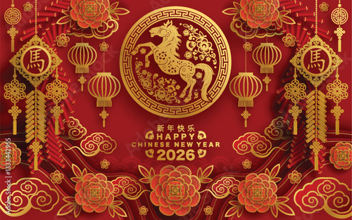 Happy chinese new year 2026 the horse zodiac sign with flower,lantern,asian elements red and gold color paper cut style on color background. ( Translation : happy new year 2026 year of the horse )