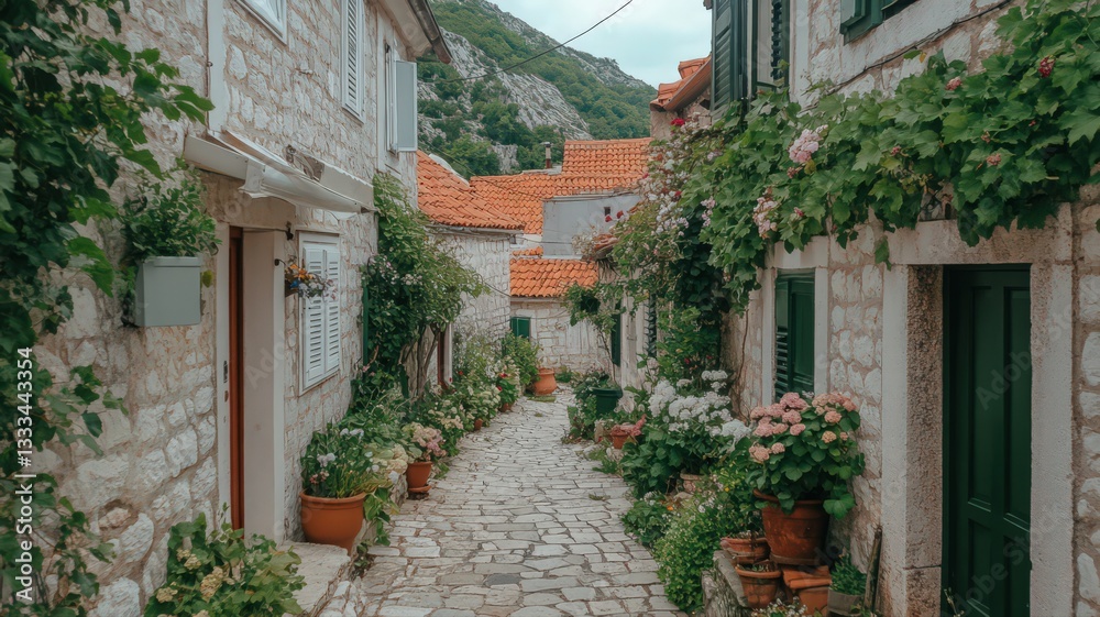Fototapeta premium Picturesque Stone Street with Lush Greenery and Terracotta Roofs