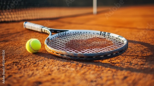 A single tennis racket lying on a clay court with a ball nearby.