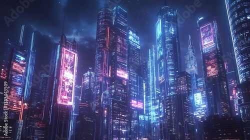 Wallpaper Mural Futuristic business city skyline holographic advertisements technology driven commerce digital economy revolution urban business landscape Torontodigital.ca